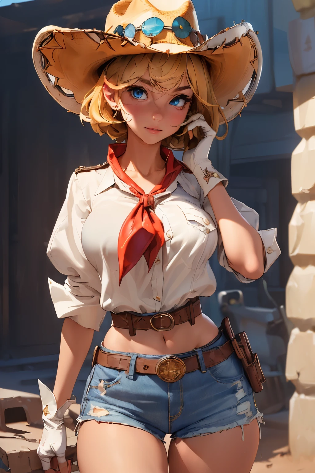 (((((solo))))),(((((masterpiece))))), (((((best quality))))),(((((highly detailed))))), finely detailed, Depth of field, crisp detail, detailed clothes, highres,
1girl, bangs, (beautiful detailed face:1.3), collarbone, collared shirt, ((white shirt)), shirt half open, buttons undone, no bra, several buttons open to show cleavage, show belly, blue eyes, blonde hair, cleavage, ((cowboy)), (cowboy hat:1.3), short gloves. fingerless gloves, hat, medium breasts, navel, neckerchief, red neckerchief, short hair, short shorts, daisy dukes, healthy thighs, gun belt ,cowboy western, sunny desert background, thigh gap, slender knees