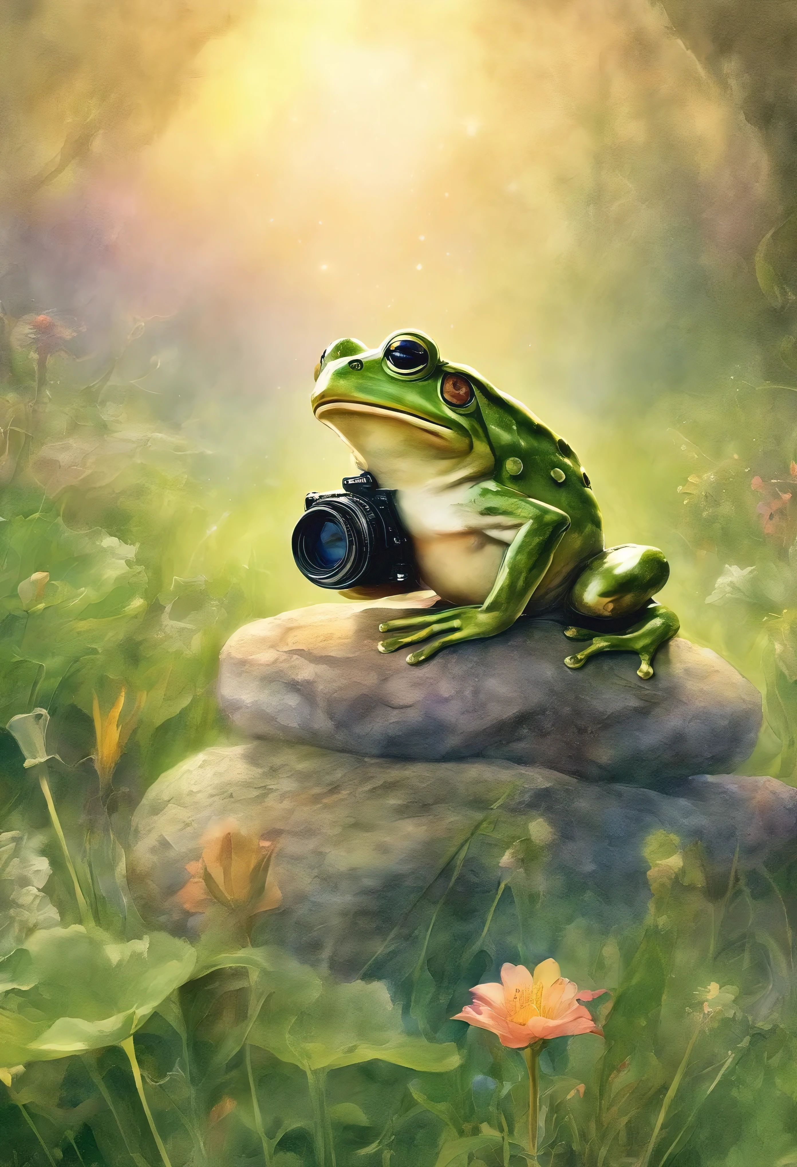 watercolor drawing, frog photographer, A beautiful green frog with four on a huge stone next to a large camera lies on a flower meadow in the morning sky with splashes of glowing water.,Magnetic storms, early morning, glowing sky, green frog on a huge stone with a camera lying nearby, Jean-Baptiste Monge, anthropomorphic --ar 2:3 --testp - optimistic; macro photography