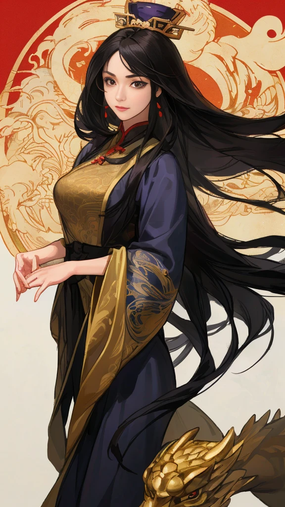 An adult woman in a luxurious black Chinese gown with an extremely elaborate and intricate damask pattern in gold and red.
Adult woman in black dress,
Black and red china dress with golden dragon decorations,
(Beautiful Queen of Chinese Fantasy),
Ancient Chinese princess,
(insanely detailed long flowing black hair),
//Wind masterpiece, best quality, (insanely detailed), (Best Illustration), (best shadow),
(Extremely detailed CG unified 8k wallpaper), (absolutely resolution),