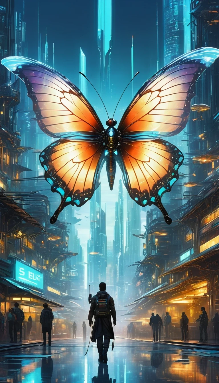Translucent ethereal mechanical butterfly,Future King Butterfly Mechanical Wings,Future city background,Beautiful sci-fi art, Sci-fi digital art illustration, Digital cyberpunk art, Sci-fi digital painting, futuristic digital painting, futuristic concept art, In front of sci-fi cityscape, Sci-fi digital art, Advanced digital cyberpunk art, Magical cyberpunk butterfly