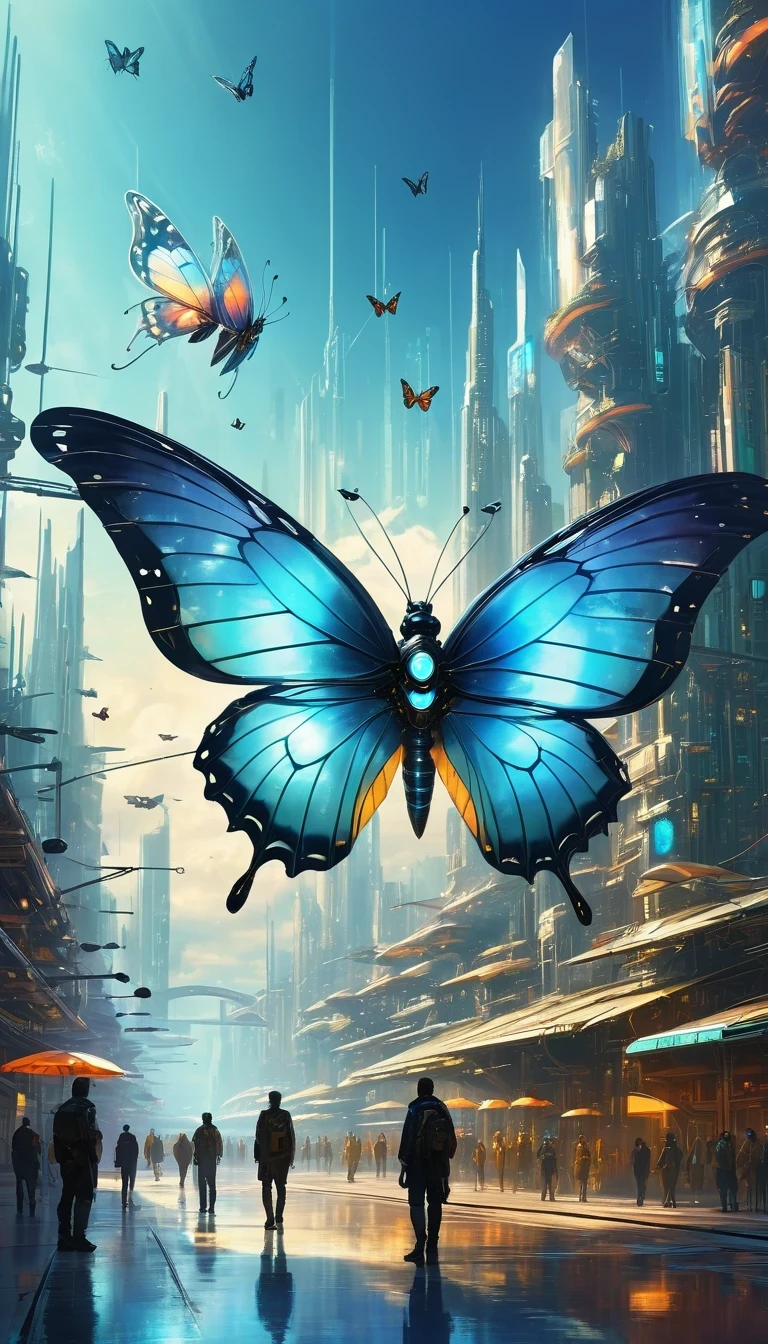 Translucent ethereal mechanical butterfly,Future King Butterfly Mechanical Wings,Future city background,Beautiful sci-fi art, Sci-fi digital art illustration, Digital cyberpunk art, Sci-fi digital painting, futuristic digital painting, futuristic concept art, In front of sci-fi cityscape, Sci-fi digital art, Advanced digital cyberpunk art, Magical cyberpunk butterfly