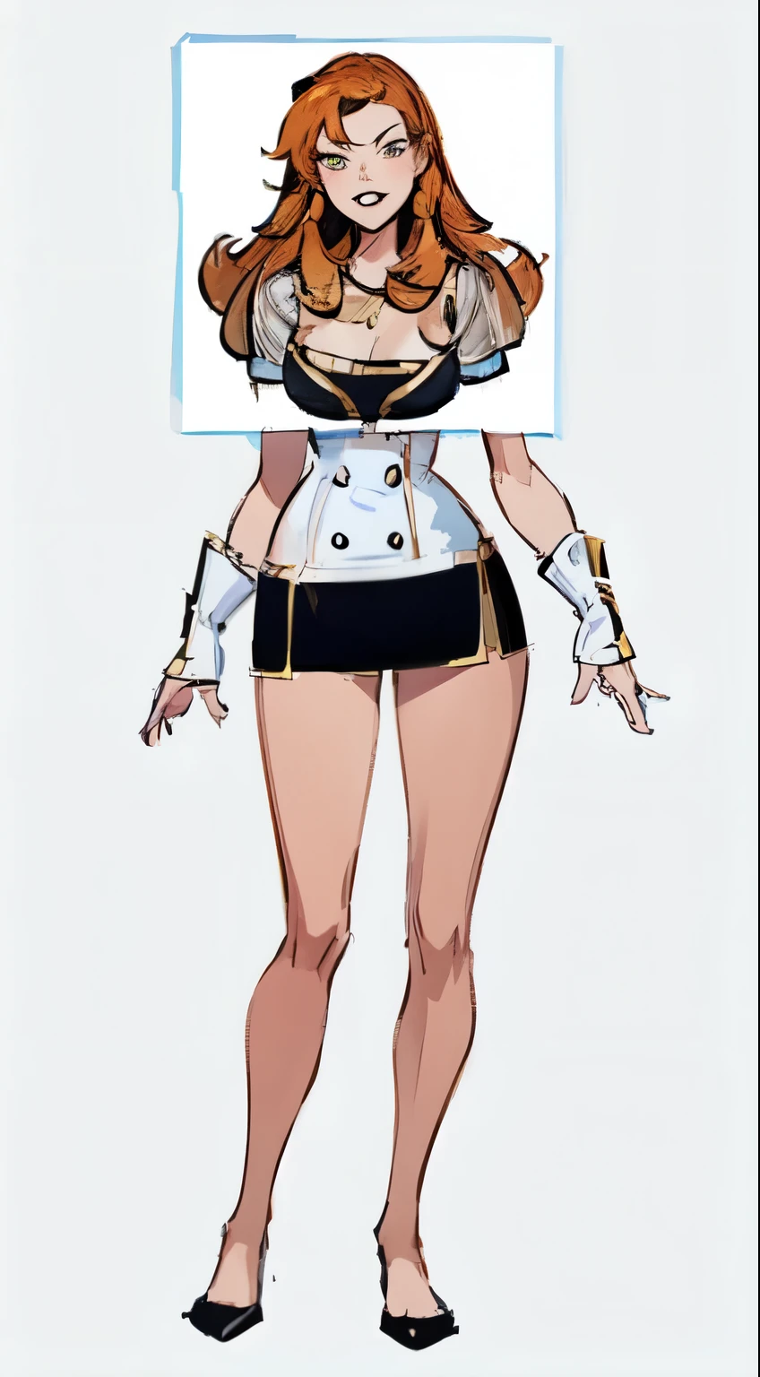 A cartoon drawing of a lady with orange hair，Clear clothing design, Anime VTuber full body model, Fine details，Full body view，HD，超HD，Short skirt，Short sleeve，American cartoon，American comics，game character，2D，
