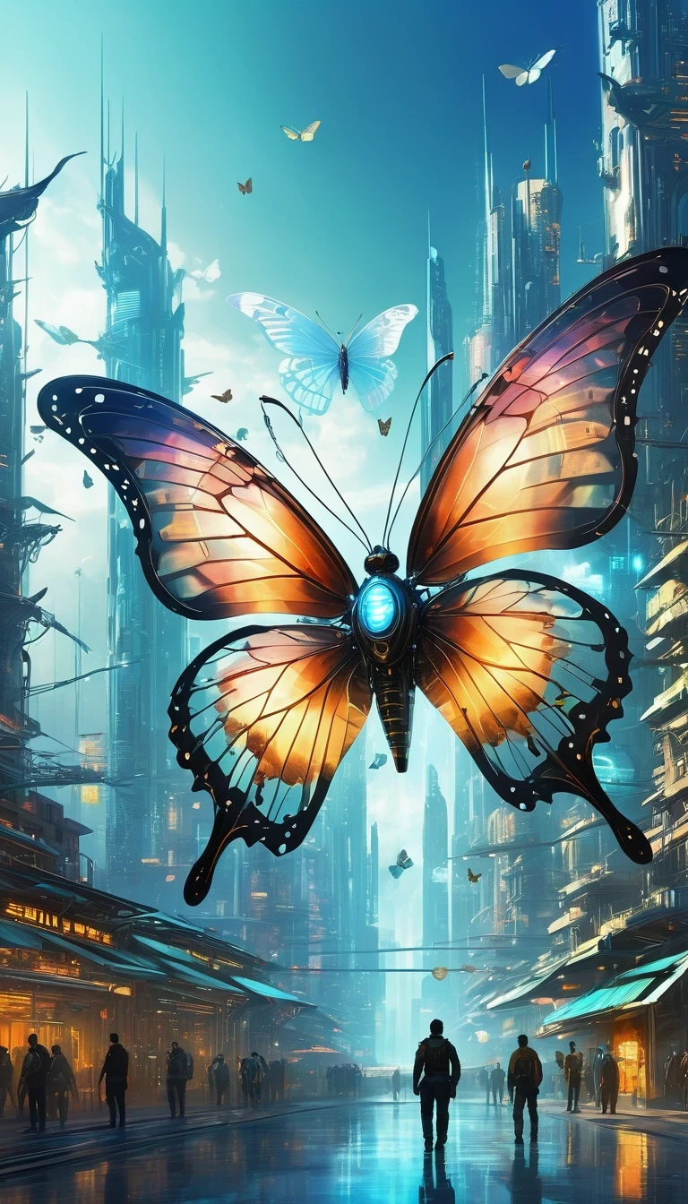 Translucent ethereal mechanical butterfly，Future King Butterfly Mechanical Wings，Future city background，Beautiful sci-fi art, Sci-fi digital art illustration, Digital cyberpunk art, Sci-fi digital painting, futuristic digital painting, futuristic concept art, In front of sci-fi cityscape, Sci-fi digital art, Advanced digital cyberpunk art, Magical cyberpunk butterfly