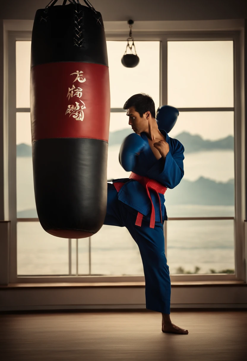 A man is practicing karate, he is kicking a punching bag,firmly