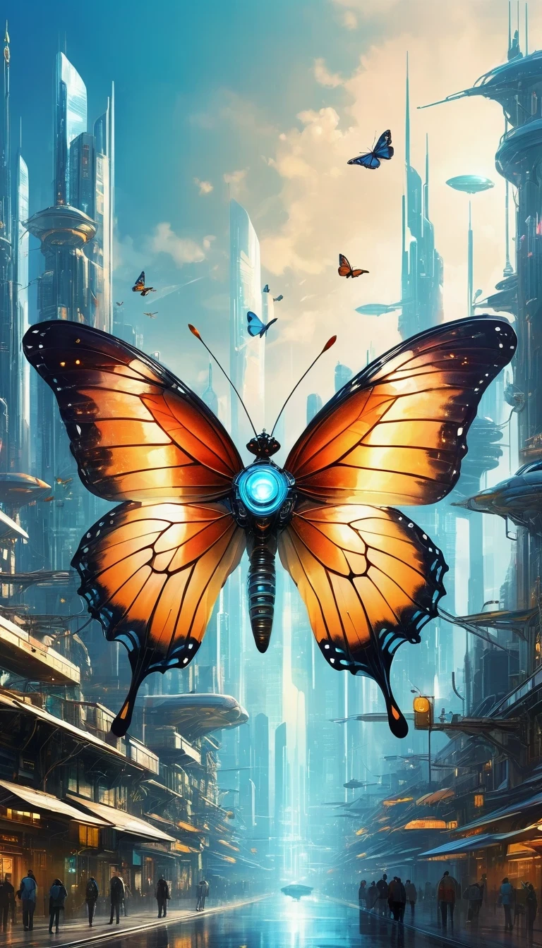 Translucent ethereal mechanical butterfly,Future King Butterfly Mechanical Wings,Future city background,Beautiful sci-fi art, Sci-fi digital art illustration, Digital cyberpunk art, Sci-fi digital painting, futuristic digital painting, futuristic concept art, In front of sci-fi cityscape, Sci-fi digital art, Advanced digital cyberpunk art, Magical cyberpunk butterfly