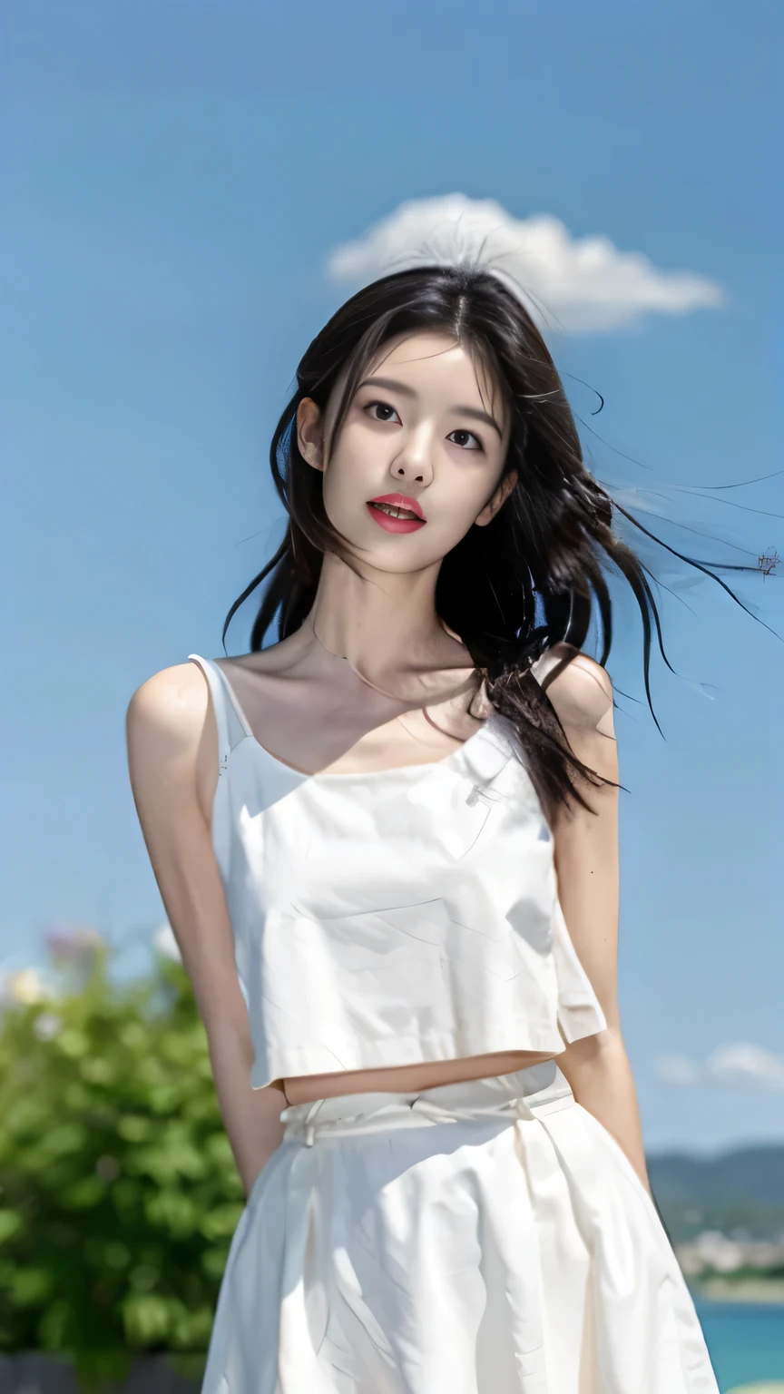 Elevation angle，A girl standing，Black long hair，Hands behind back，Keep your chest up，Tummy tummy，Background is blurred blue sky and white clouds