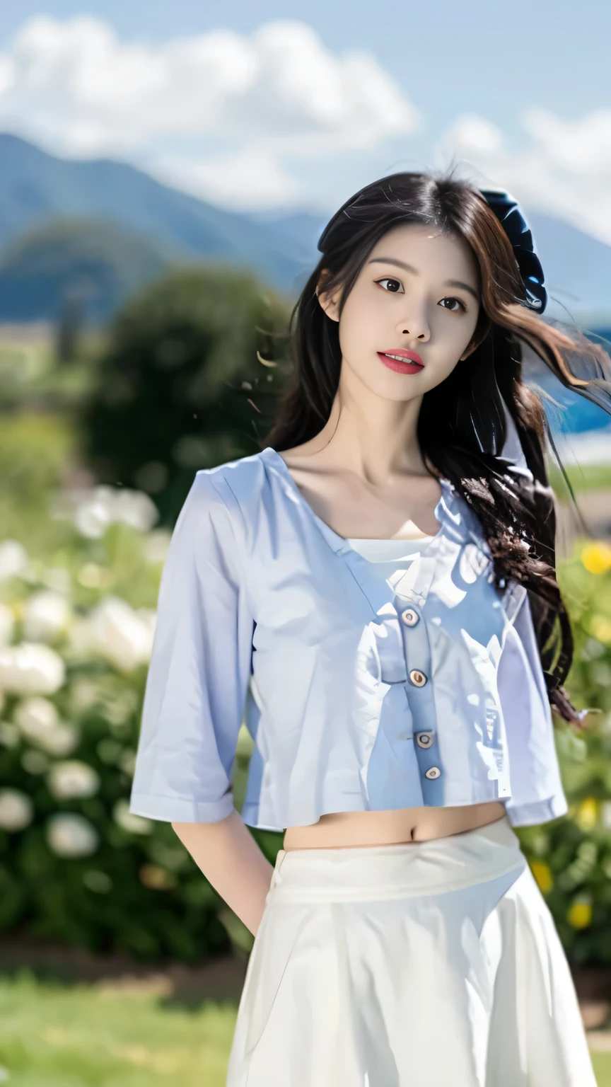 Elevation angle,A girl standing,Black long hair,Hands behind back,Keep your chest up,Tummy tummy,Background is blurred blue sky and white clouds