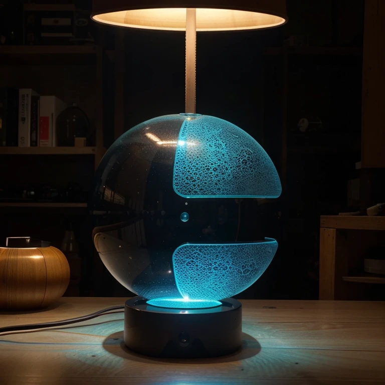 Can you please help me create an innovative lamp in the industry?, that works from mechanical energy with a low light intensity, que contenga un tipo de bombillo coloreada, su forma sea de un animal, its size is portable, that its finish is modern and its material is plastic