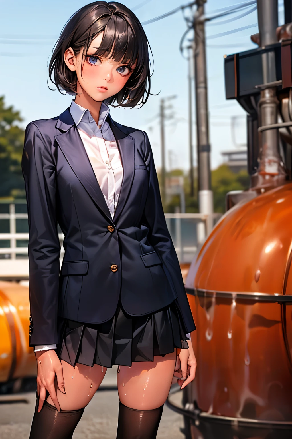 (((perfect anatomy,realistic:1.4,RAW Photography:1.4,masterpiece、highest quality、Ultra - High resolution、High resolution、Highly detailed CG、8K))),cowboy shot,1 female,solo,18 year old beauty,Japanese,((beautiful detailed face and eyes:1.3,big gorgeous eyes:1.3,gray eyes)),black hair,short bob hair,blunt bangs,,blush,(medium breasts,slender body,small head:1.3,skinny),(gleaming skin:1.4,shiny skin),((oily skin:1.7)),(School uniform、Black blazer jacket、Pleated black mini skirt,black_thighhighs),standing,spread legs:1.5,on street,Tokyo、