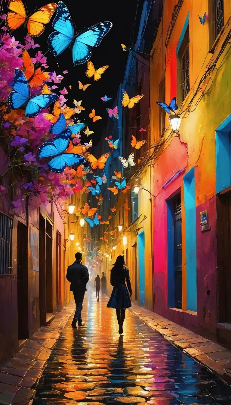 Colorful ais-postdyz butterflies, Dancing in the neon alleys, A brief burst of color in a monochrome world