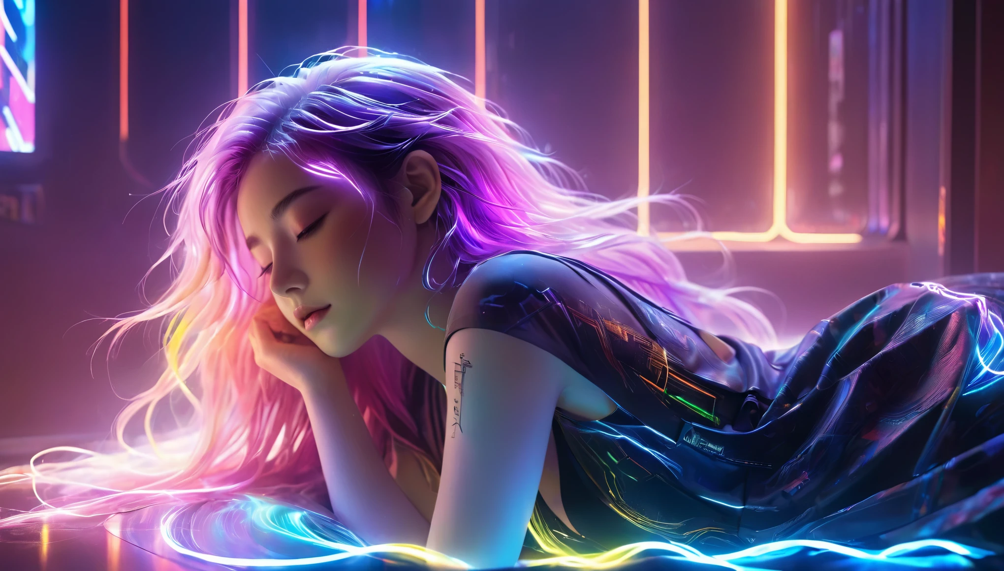 {{masterpiece}}, best quality, Extremely detailed CG unified 8k wallpaper, Movie Lighting,Cyberpunk, A woman sleeping in bed，Sleep with eyes closed，Huge window behind， A quiet night. , Multi-colored hair, (Colorful hair:1.5),