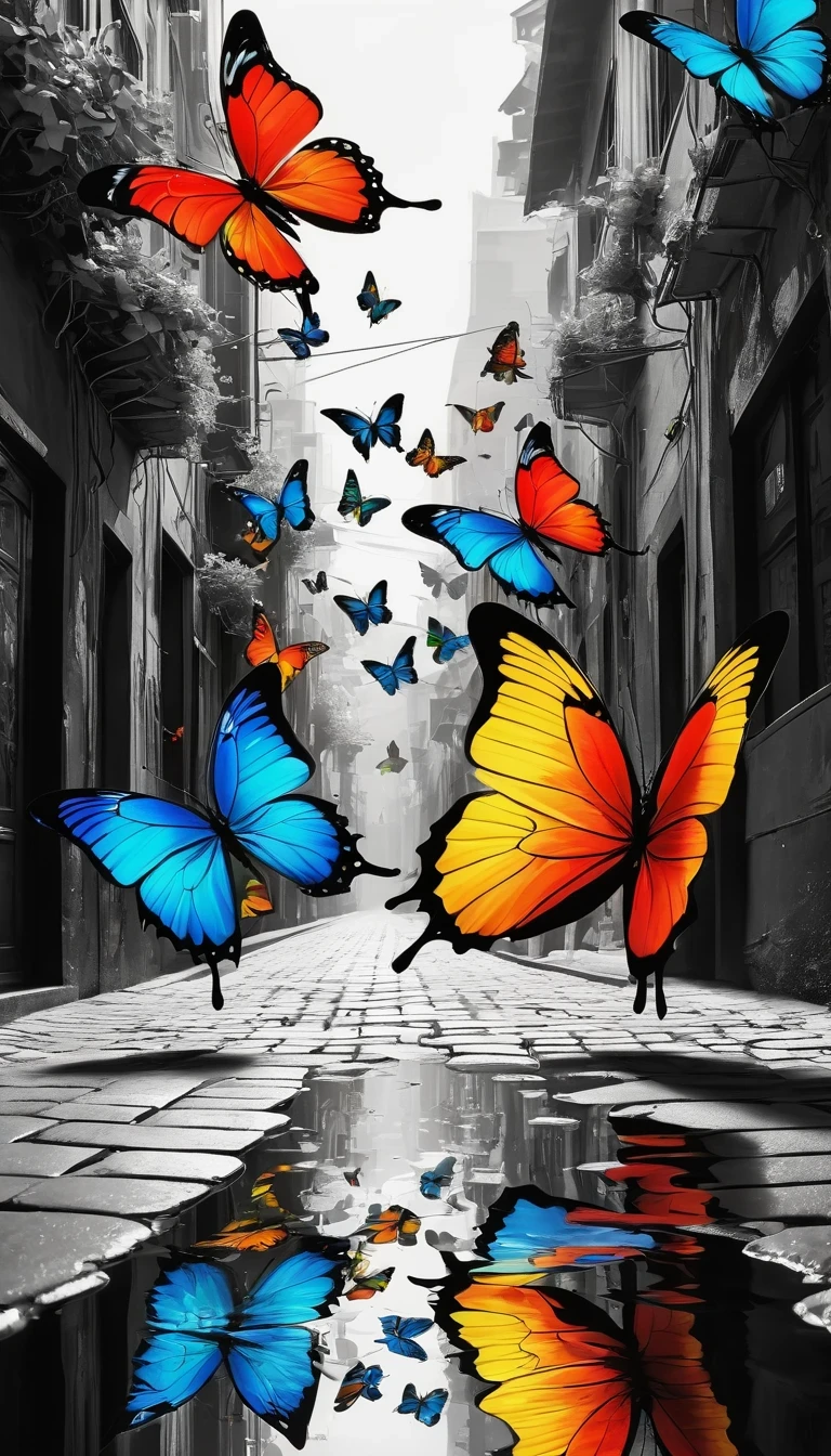 Colorful ais-postdyz butterflies, Dancing in the neon alleys, A brief burst of color in a monochrome world 