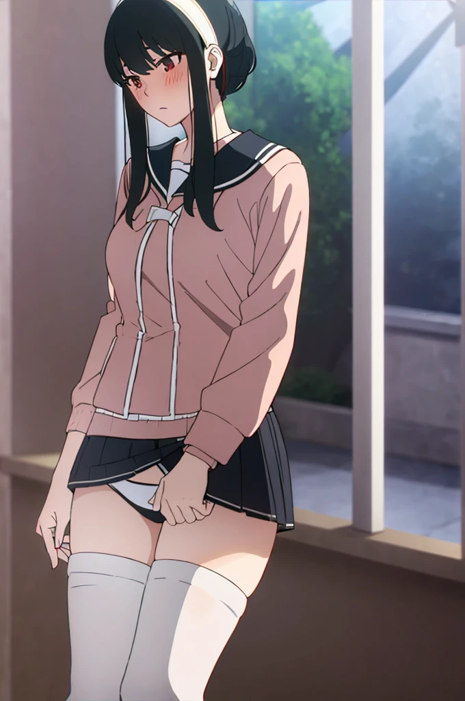 (masterpiece, highest quality: 1.2), alone, 1 girl, alone, White panties,,nsfw,black,Sailor suit,blazer,your heather, see-through panties,blush,かなりEmbarrassing, View audience, Long black hair, head band, Earrings, Big Breasts, Medium Waist,Medium Hips, wide thighs, Embarrassing, charm, Good move..., Excellent anatomy,White panties,classroom,,Sailor suit,blazer,skirt, (((skirtめくり, I can see your pants))),