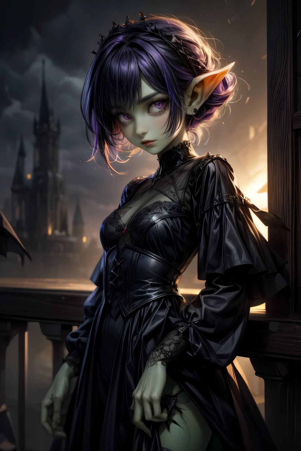 absurdrez, ((best quality)), ((masterpiece)), (detailed), dark gothic horror style, Halloween style, very small goblin girl, (green skin), pointy ears, short purple hair with black streaks pixie hairstyle, aloof expression, looking down on viewer, bright red eyes, superior attitude, sassy, smug, doing magic on a castle parapet, windy, rainy, stormy, lightning