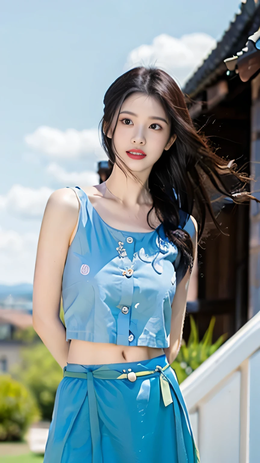 Elevation angle，A girl standing，Black long hair，Hands behind back，Keep your chest up，Tummy tummy，Background is blurred blue sky and white clouds