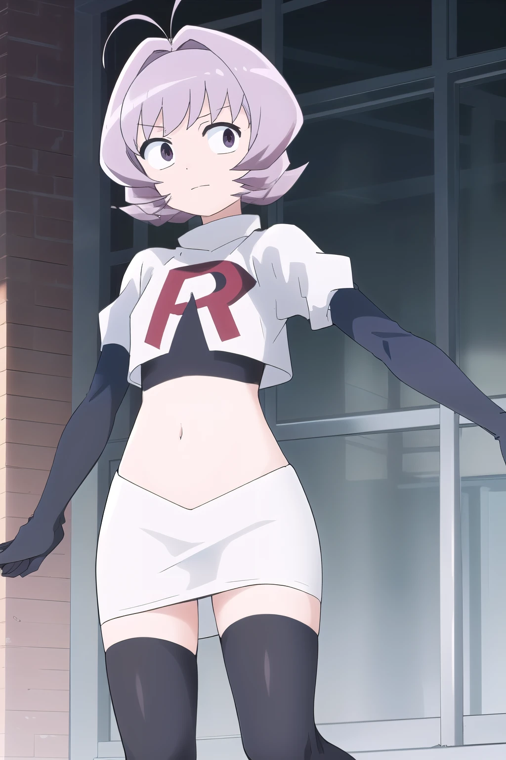masterpiece, absurdres,male focus, trap, crossdressing,1boy,ON, solo, looking at viewer, team rocket,team rocket uniform,white skirt,red letter R,crop top,black thigh-highs,black elbow gloves, , perfect quality, good quality, masterpiece, HDR, UHD 