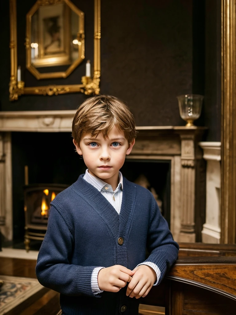 A 10 year old boy next to a big fireplace elegant and old white skin light brown hair blue eyes fine features handsome boy shy look sad with fear and serious very elegant fine clothes london