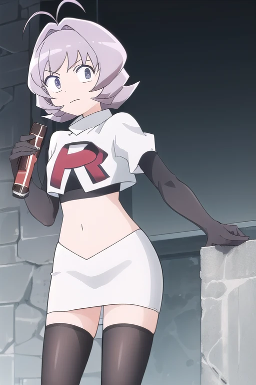 masterpiece, absurdres,male focus, trap, crossdressing,1boy,ON, solo, looking at viewer, team rocket,team rocket uniform,white skirt,red letter R,crop top,black thigh-highs,black elbow gloves, , perfect quality, good quality, masterpiece, HDR, UHD 