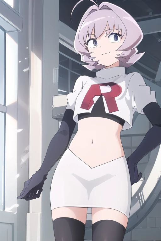 masterpiece, absurdres,male focus, trap, crossdressing,1boy,ON, solo, looking at viewer, team rocket,team rocket uniform,white skirt,red letter R,crop top,black thigh-highs,black elbow gloves, , perfect quality, good quality, masterpiece, HDR, UHD 