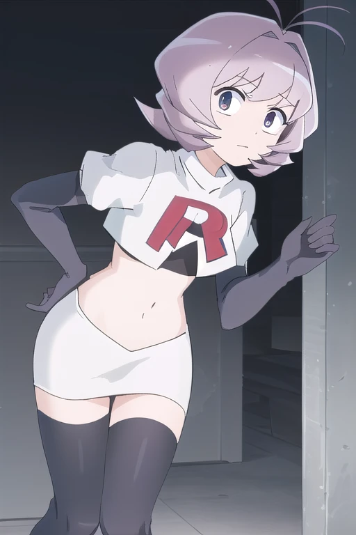 masterpiece, absurdres,male focus, trap, crossdressing,1boy,ON, solo, looking at viewer, team rocket,team rocket uniform,white skirt,red letter R,crop top,black thigh-highs,black elbow gloves, , perfect quality, good quality, masterpiece, HDR, UHD 