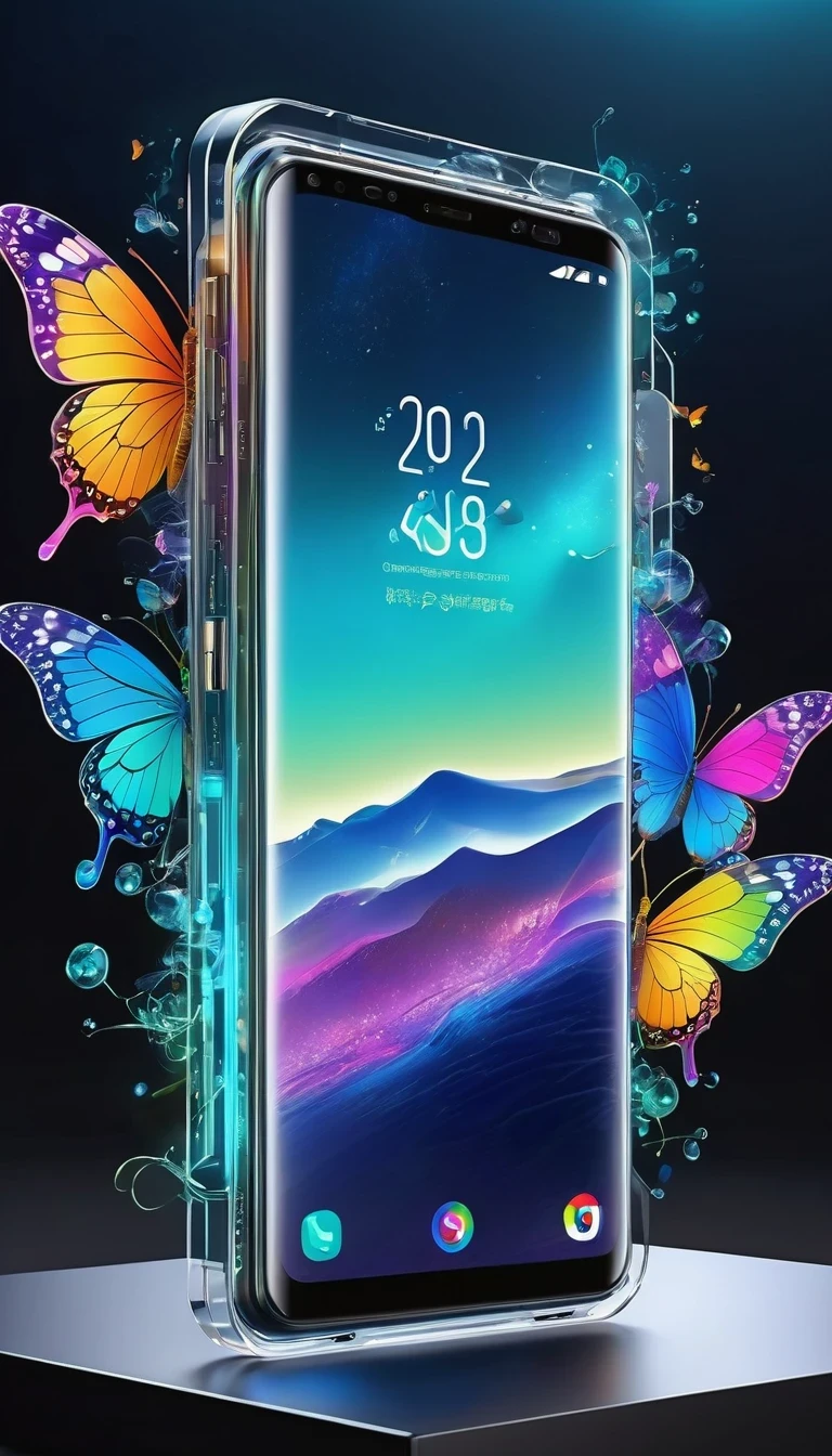 best quality, Super detailed ,Practical ,Unmanned smartphone, Modern, Transparent metal surfaces can reveal internal circuits, bezel-less display, Colorful mobile screen，There are butterflies and lotus, colorfull digital fantasy art, Thin bezels, Clear screen, Vibrant colors, Stylish design, High-tech features, Multi-camera system, AI, Seamless user experience, Advanced technology, A connected world, Smart assistants, Voice Commands, Fast processing, High storage capacity, Long battery life, Wireless charging, Social media integration, Navigation App, Entertainment during the trip, No place to get information, Endless possibilities, The future of communications.