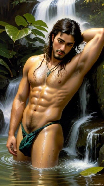 painting of a two strong asian man, golden skin in the sun, fleshy lips, bathing in a Beautifull crystal clear waterfall, nude and wet hairy chest, hot and sexy asian man, inspired by François Joseph Heim, by François Bocion, inspired by Carl Heinrich Bloch, by Friedrich Gauermann, inspired by François Bocion, by Johan Grenier, by Frédéric Bazille, orientalist tom of finland, William-Adolphe Bouguereau, Gaston Bussiere, Alphonse Mucha.