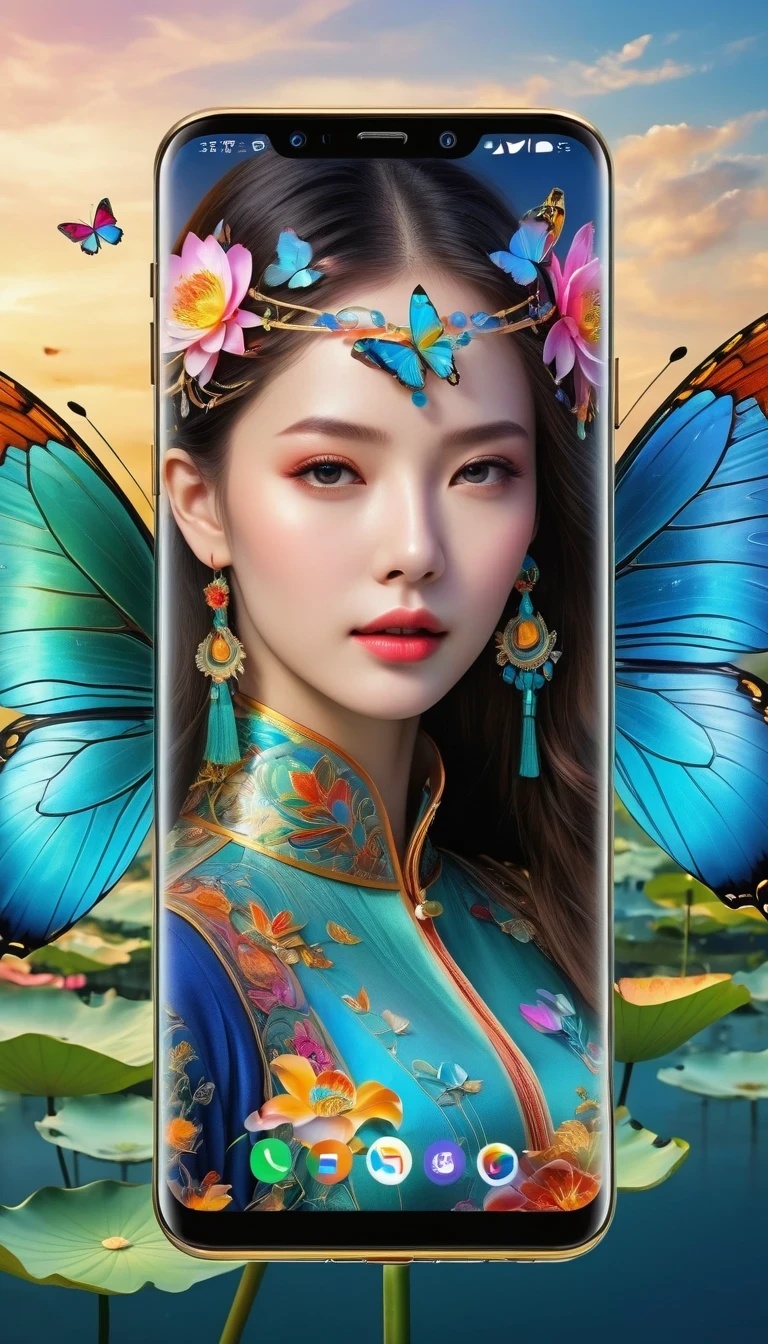 best quality, Super detailed ,Practical ,Unmanned smartphone, Modern, Transparent metal surfaces can reveal internal circuits, bezel-less display, Colorful mobile screen,There are butterflies and lotus, colorfull digital fantasy art, Thin bezels, Clear screen, Vibrant colors, Stylish design, High-tech features, Multi-camera system, AI, Seamless user experience, Advanced technology, A connected world, Smart assistants, Voice Commands, Fast processing, High storage capacity, Long battery life, Wireless charging, Social media integration, Navigation App, Entertainment during the trip, No place to get information, Endless possibilities, The future of communications.