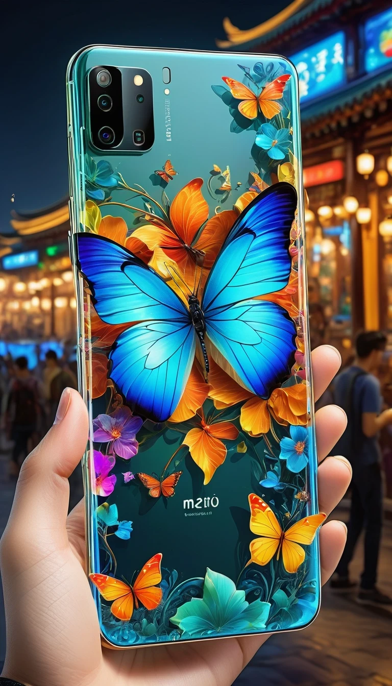 best quality, Super detailed ,Practical ,Unmanned smartphone, Modern, Transparent metal surfaces can reveal internal circuits, bezel-less display, Colorful mobile screen,There are butterflies and lotus, colorfull digital fantasy art, Thin bezels, Clear screen, Vibrant colors, Stylish design, High-tech features, Multi-camera system, AI, Seamless user experience, Advanced technology, A connected world, Smart assistants, Voice Commands, Fast processing, High storage capacity, Long battery life, Wireless charging, Social media integration, Navigation App, Entertainment during the trip, No place to get information, Endless possibilities, The future of communications.