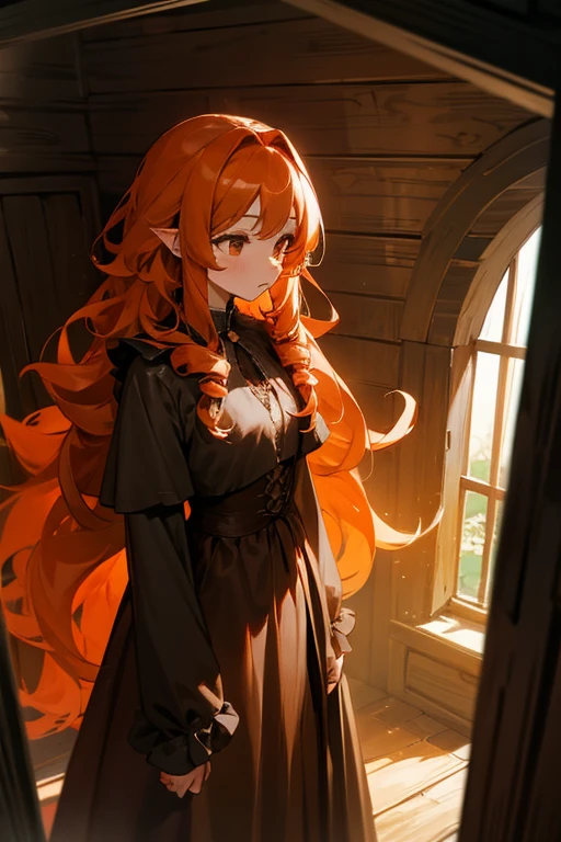 Female fairy with long curly orange hair, brown eyes, dark clothing and located in a magical and cottage environment