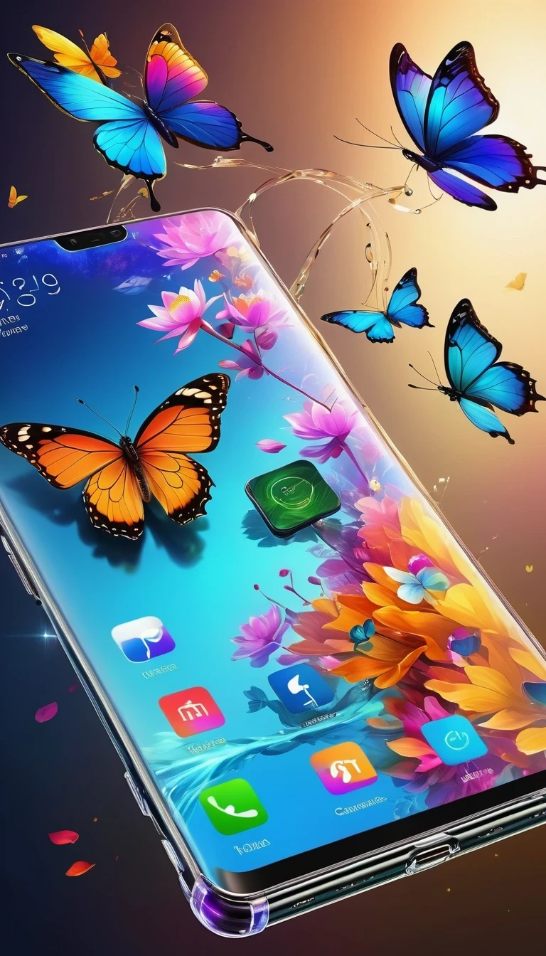 best quality, Super detailed ,Practical ,Unmanned smartphone, Modern, Transparent metal surfaces can reveal internal circuits, bezel-less display, Colorful mobile screen,There are butterflies and lotus, colorfull digital fantasy art, Thin bezels, Clear screen, Vibrant colors, Stylish design, High-tech features, Multi-camera system, AI, Seamless user experience, Advanced technology, A connected world, Smart assistants, Voice Commands, Fast processing, High storage capacity, Long battery life, Wireless charging, Social media integration, Navigation App, Entertainment during the trip, No place to get information, Endless possibilities, The future of communications.