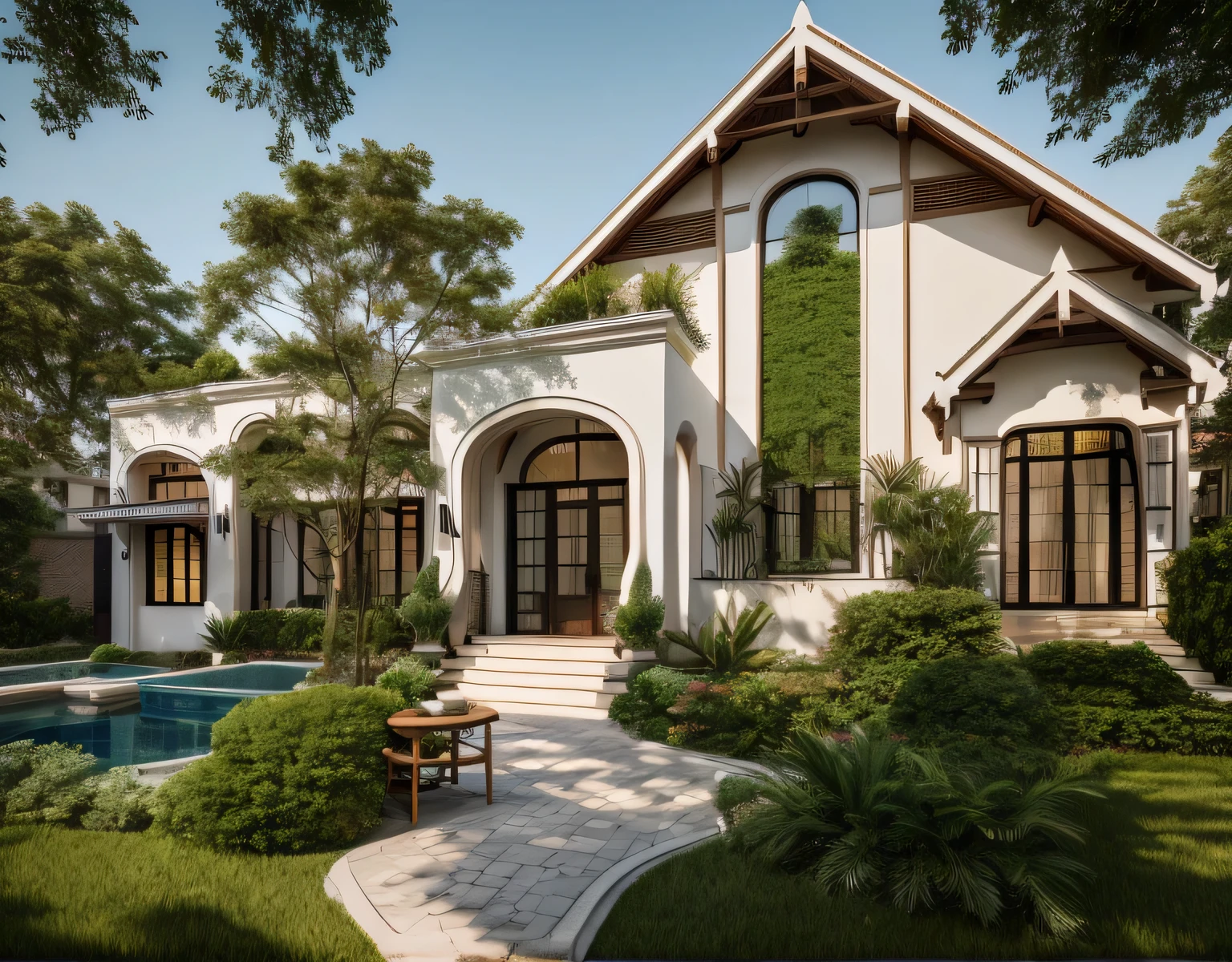 (Townhouse in city ,close houses and trees), ((indochine style architecture)) daylight ( best quality) ((high solution)) ,(( photo realistic)) ,warm light,  soft lighting, warm atmosphere,high Resolution, hyper detailed,4k ,vray render, octane render, hyper realistic, photography expert ,exterior design , professional photography, exterior photography,wide-angle shot , ultra detail , high Resolution , full frame, full body