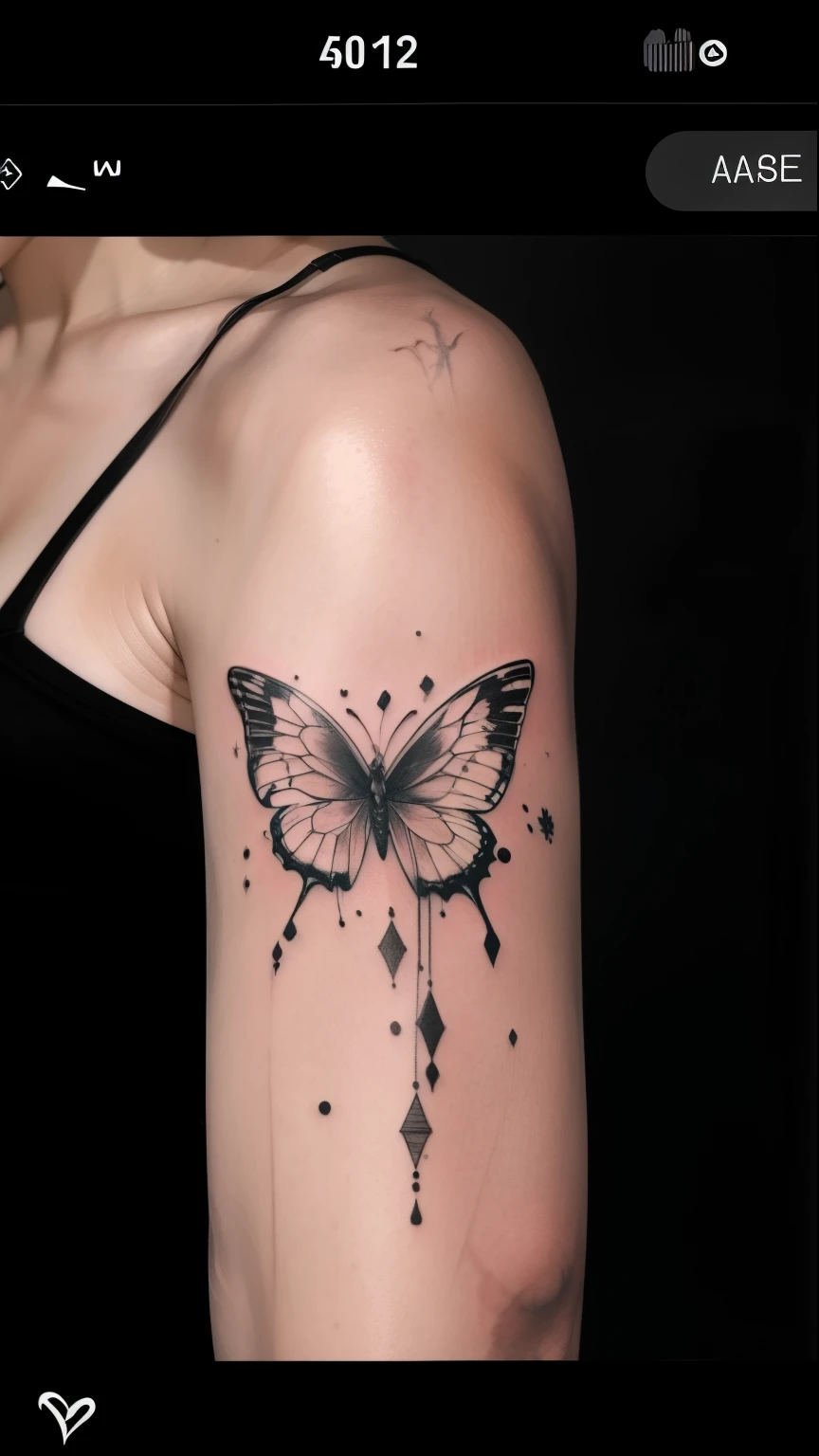 a butterfly tattoo, Upper arm tattoo, black and white tattoo, ink on skin, sketch tattoo, author:Tom Varnerstrand, Black and white ink, black Ink Outline, Black and white ink ', Arm tattoo, Ink Outline, Shoulder tattoo, author:Adam Centpetry, Ink on the skin