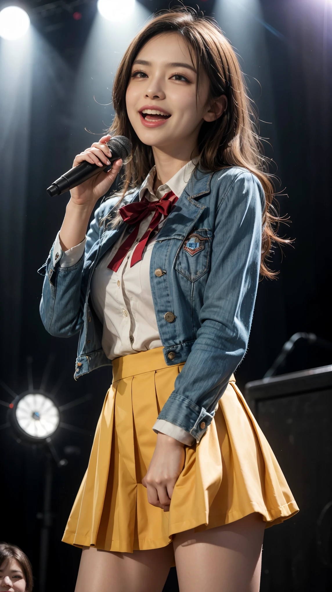 highest quality,masterpiece,Ultra-high resolution,(Actual:1.4),Original photo,Ultra-high resolution,8K,Flashy makeup with red eyeshadow,Big laughing smile,Short, side-wave style for delicate hair,A live costume of a high school girl's uniform mini skirt,Live costume: high school girl uniform jacket,Girl Idol,Concert Venues,Hold the wireless microphone in your hand,