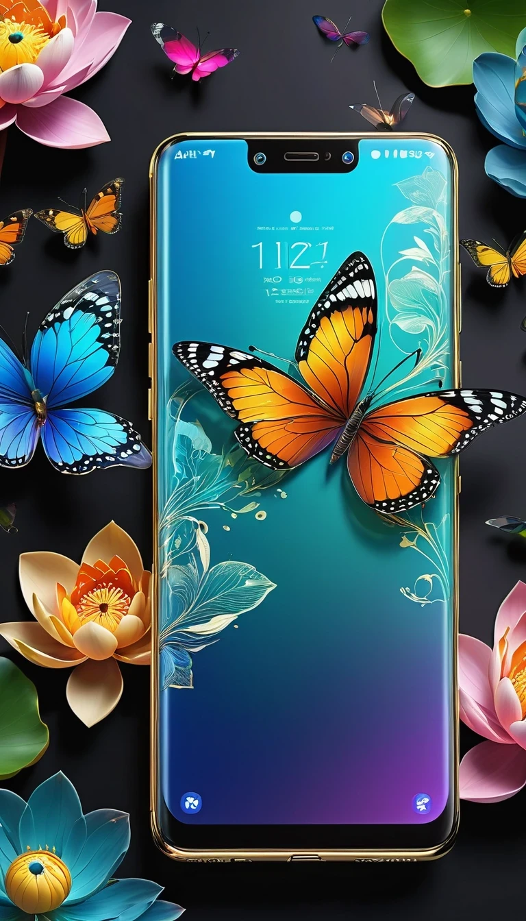 best quality, Super detailed ,Practical ,Unmanned smartphone, Modern, Transparent metal surfaces can reveal internal circuits, bezel-less display, Colorful mobile screen,There are butterflies and lotus, colorfull digital fantasy art, Thin bezels, Clear screen, Vibrant colors, Stylish design, High-tech features, Multi-camera system, AI, Seamless user experience, Advanced technology, A connected world, Smart assistants, Voice Commands, Fast processing, High storage capacity, Long battery life, Wireless charging, Social media integration, Navigation App, Entertainment during the trip, No place to get information, Endless possibilities, The future of communications.