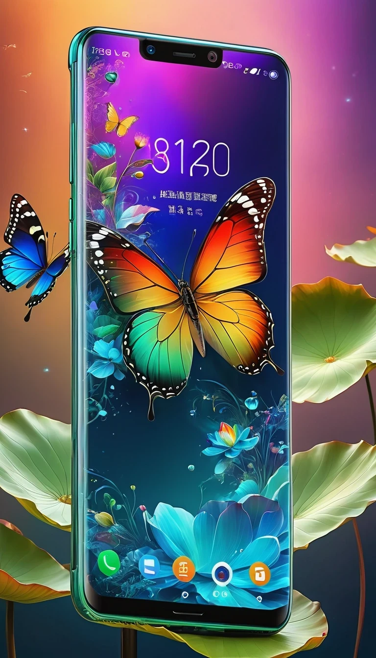 best quality, Super detailed ,Practical ,Unmanned smartphone, Modern, Transparent metal surfaces can reveal internal circuits, bezel-less display, Colorful mobile screen,There are butterflies and lotus, colorfull digital fantasy art, Thin bezels, Clear screen, Vibrant colors, Stylish design, High-tech features, Multi-camera system, AI, Seamless user experience, Advanced technology, A connected world, Smart assistants, Voice Commands, Fast processing, High storage capacity, Long battery life, Wireless charging, Social media integration, Navigation App, Entertainment during the trip, No place to get information, Endless possibilities, The future of communications.
