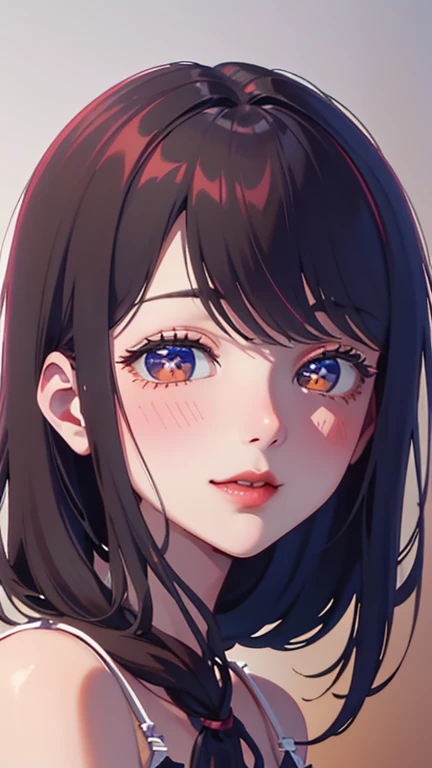 A light blush and a smile, (Masterpiece of the highest quality:1.2) Delicate illustrations, super detailed, /Beautiful Japanese Women、1 person,Very cute and slim、Outstanding style 、((8K images、super high quality))、Very delicate face, Skin and Hair、Red lipstick、Long Hair、straggling hair,(((((Gradient Hair、brown hair))))),Very cute Japanese cut face、Eyes and nose are clearly visible、Kind eyes,(((sexy lingerie、Watching the audience)))、full body shot
