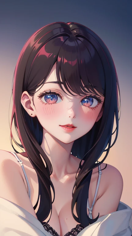 A light blush and a smile, (Masterpiece of the highest quality:1.2) Delicate illustrations, super detailed, /Beautiful Japanese Women、1 person,Very cute and slim、Outstanding style 、((8K images、super high quality))、Very delicate face, Skin and Hair、Red lipstick、Long Hair、straggling hair,(((((Gradient Hair、brown hair))))),Very cute Japanese cut face、Eyes and nose are clearly visible、Kind eyes,(((sexy lingerie、Watching the audience)))、full body shot
