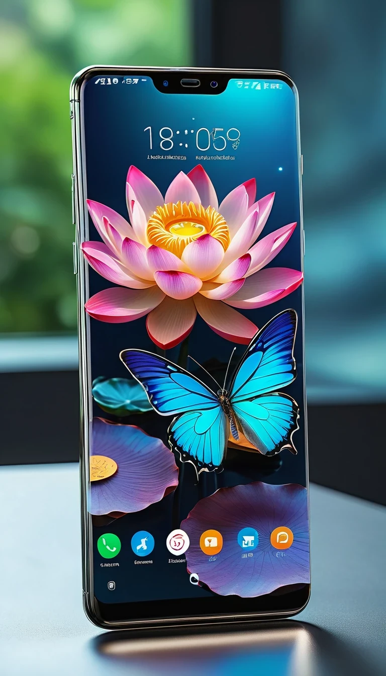 best quality, Super detailed ,Practical ,Unmanned smartphone, Modern, Transparent metal surfaces can reveal internal circuits, bezel-less display, Colorful mobile screen,There are butterflies and lotus, colorfull digital fantasy art, Thin bezels, Clear screen, Vibrant colors, Stylish design, High-tech features, Multi-camera system, AI, Seamless user experience, Advanced technology, A connected world, Smart assistants, Voice Commands, Fast processing, High storage capacity, Long battery life, Wireless charging, Social media integration, Navigation App, Entertainment during the trip, No place to get information, Endless possibilities, The future of communications.