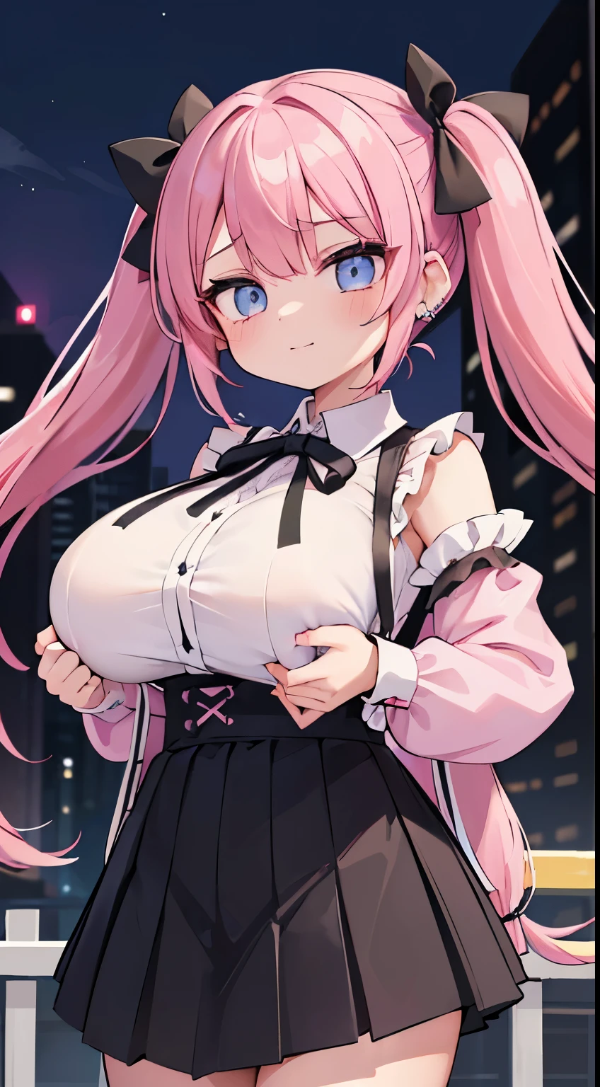 (​masterpiece、top-quality、ultra-detailliert)、((1 girl))、((Pink hair twin tails))、light blue  eyes、evilsmile、piercings、((very Bigger breasts))、jirai fashion、pink clothing、frilld、a black ribbon、Black miniskirt、cowboy  shot、Downtown background at night