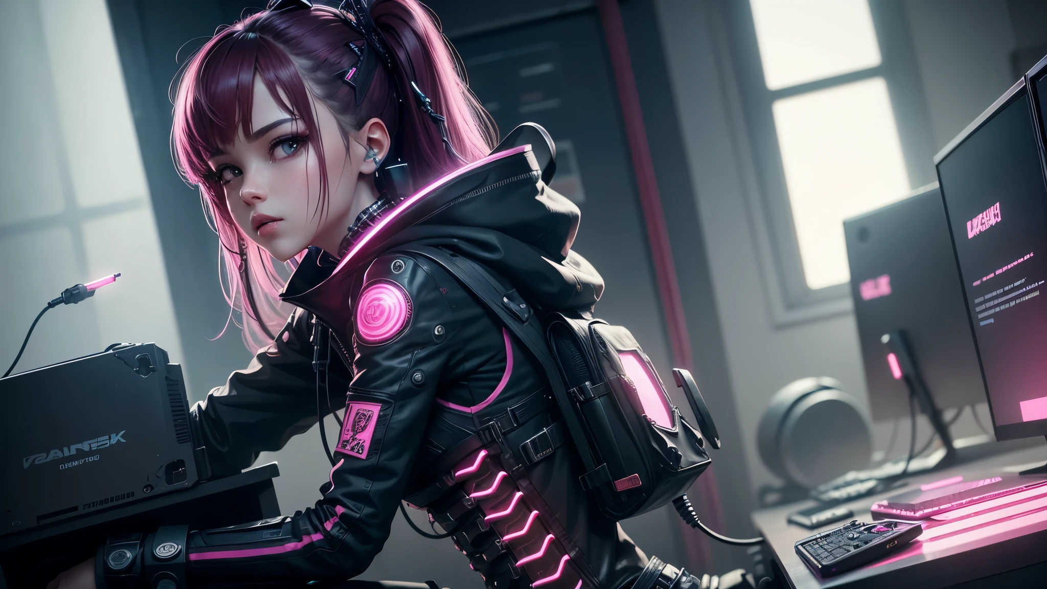 Cute Rose Blackpink Cyberpunk Machine Girl, Ultra-Realistic Details, Global Illumination, Shadow, Octane Rendering, 8k, Ultra Sharp,Metal,Complex, Decorations detailed, Cool colors, More about Cyberpunk, highly Complex details, Realistic Light, Trending on CGSociety, Shining Eyes, To the camera, Neon Details, Mechanical limbs,Blood vessels connected to tubes,Mechanical vertebrae attached to the back,Attaching a mechanical cervical vertebra to the neck,Sitting,Wires and cables connecting to the head
