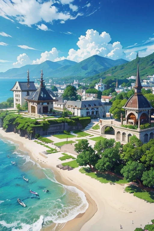 fantasy world, estilo isekai de anime, zona de comercio en la playa, estilo pixel art