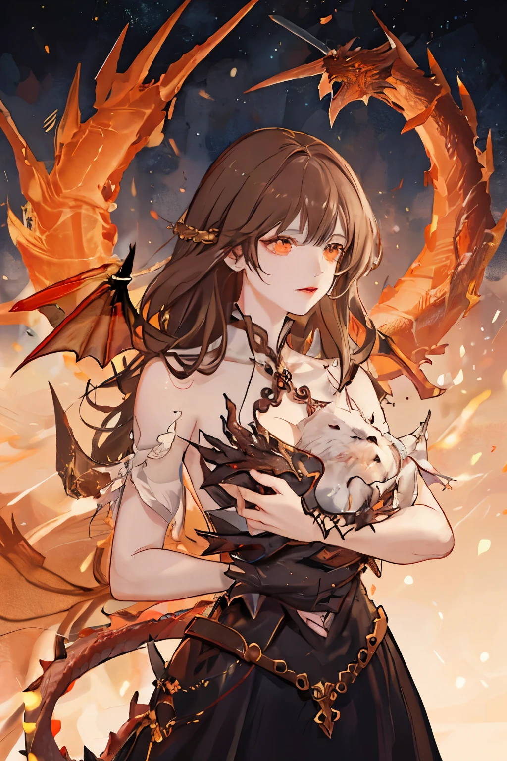 Carolyn Munroe (nude, age 25, bombshell figure) is petting a red dragon that is coiled around her blocking nsfw content, mystic mysterious fog