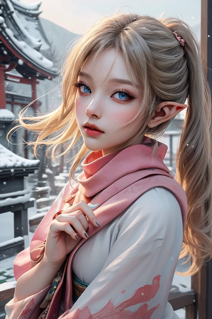 ((masterpiece )), (top quality), (best quality), ((ultra-detailed, 8k quality)), Aesthetics, Cinematic lighting, (detailed line art), 
BREAK, 
highly detailed of (elf), (1girl), perfect face, details eye, double pigtails hair, Blunt bangs, (hair between eye), blonde white hair, blue eyes, eyelashes, eyeshadow, pink eyeshadow, light smile, design art by Artgerm, by Kawacy, By Yoshitaka Amano,
BREAK,
(scarf), ring, kimono, Han'eri, Haori, (geta), cowboy shot, dynamic angle, looking at viewer, showing her hand out, (Winter Creek background), Japanese architecture, Mt. Fuji, first sunrise, torii, amano yoshitaka, (ink splash BACKGROUND:1.2),HEXAGON,
BREAK, 
((perfect ???????)), nice body, medium breast, extremely detailed finger, best hands, perfect face, beautiful face, beautiful eyes, perfect eyes, perfect fingers, correct ???????, 