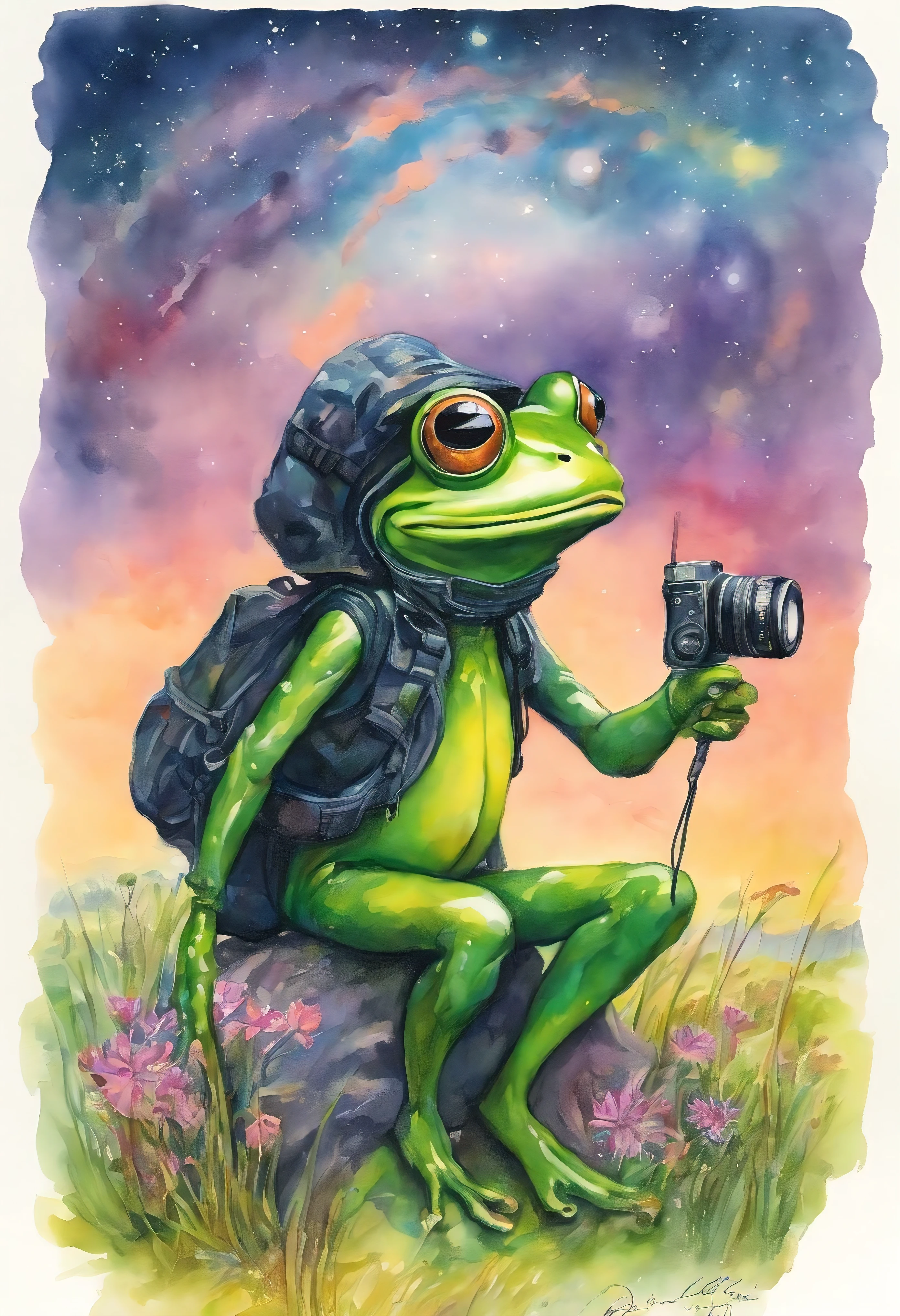 watercolor drawing, frog photographer, A beautiful green frog with four on a huge stone next to a large camera lies on a flower meadow in the morning sky with splashes of glowing water.,Magnetic storms, early morning, glowing sky, green frog on a huge stone with a camera lying nearby, Jean-Baptiste Monge, anthropomorphic --ar 2:3 --testp - optimistic; macro photography