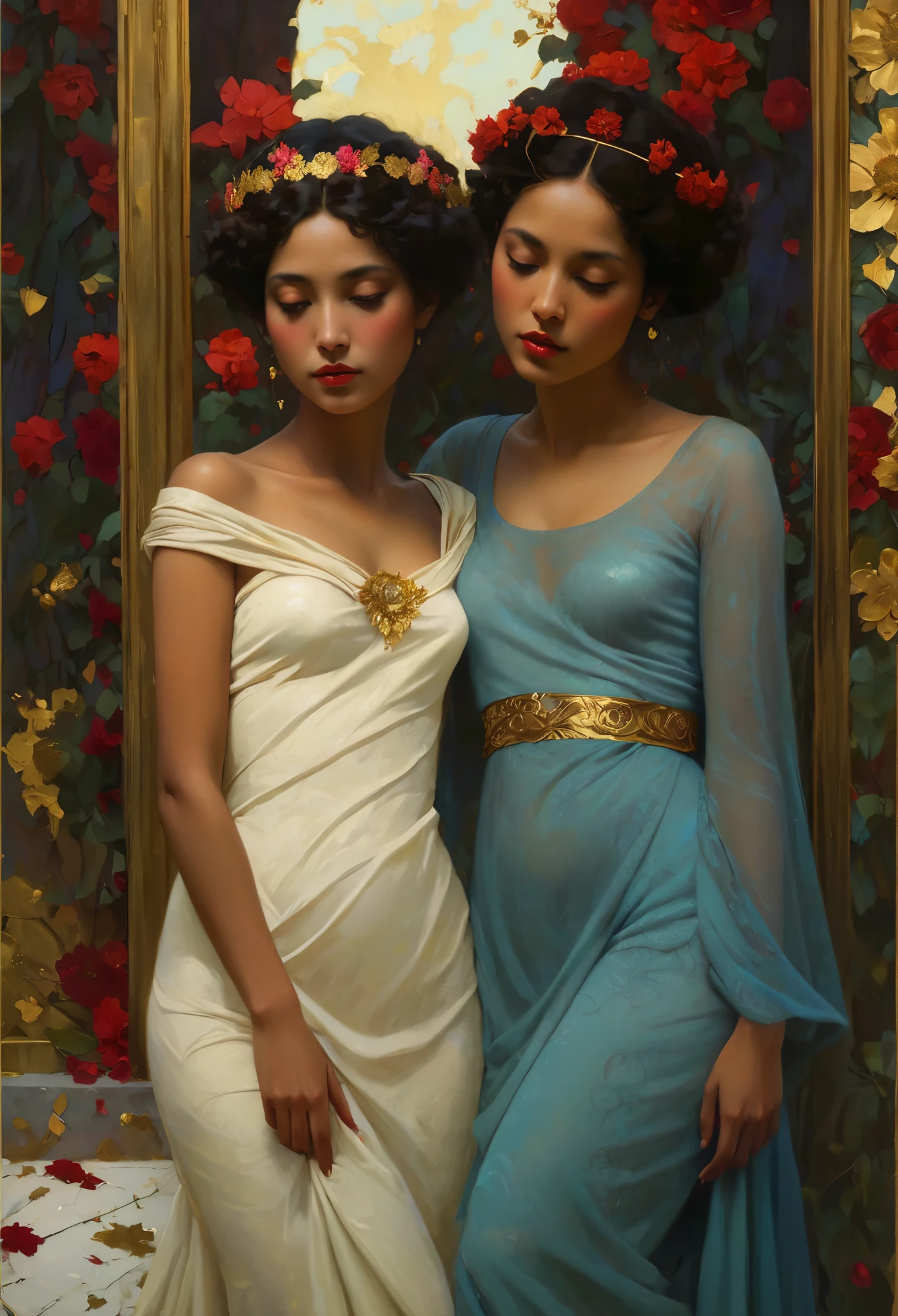 a painting of a woman with a flower crown on her head, flower goddess, woman in flowers, she has a crown of flowers, a goddess in a field of flowers, covered with flowers, mucha klimt and tom bagshaw, girl in flowers, persephone in spring, flower queen, goddess of spring, jinyoung shin art, female portrait with flowers, RAW photo of (adult:1.3),a  female burst of tangy crimson cascades,entwining magic and technology with viscous allure disappears into the shadows,in a neo-expressionist masterpiece of gold embrace,topless,small breasts,hair between eyes,(skinny, thin body:0.4),(chiaroscuro:1.3),(octane render masterpiece,masterpiece scale,beautiful depth of field,ultra wide field,ultra detailed CG perspective,ultra dynamic lighting amazing shadows,dramatic lighting), Convey the sense of inner strength and confidence. Introduce a gentle, atmospheric haze in the environment, creating a soft diffusion of light and giving the impression of gold aura and presence.