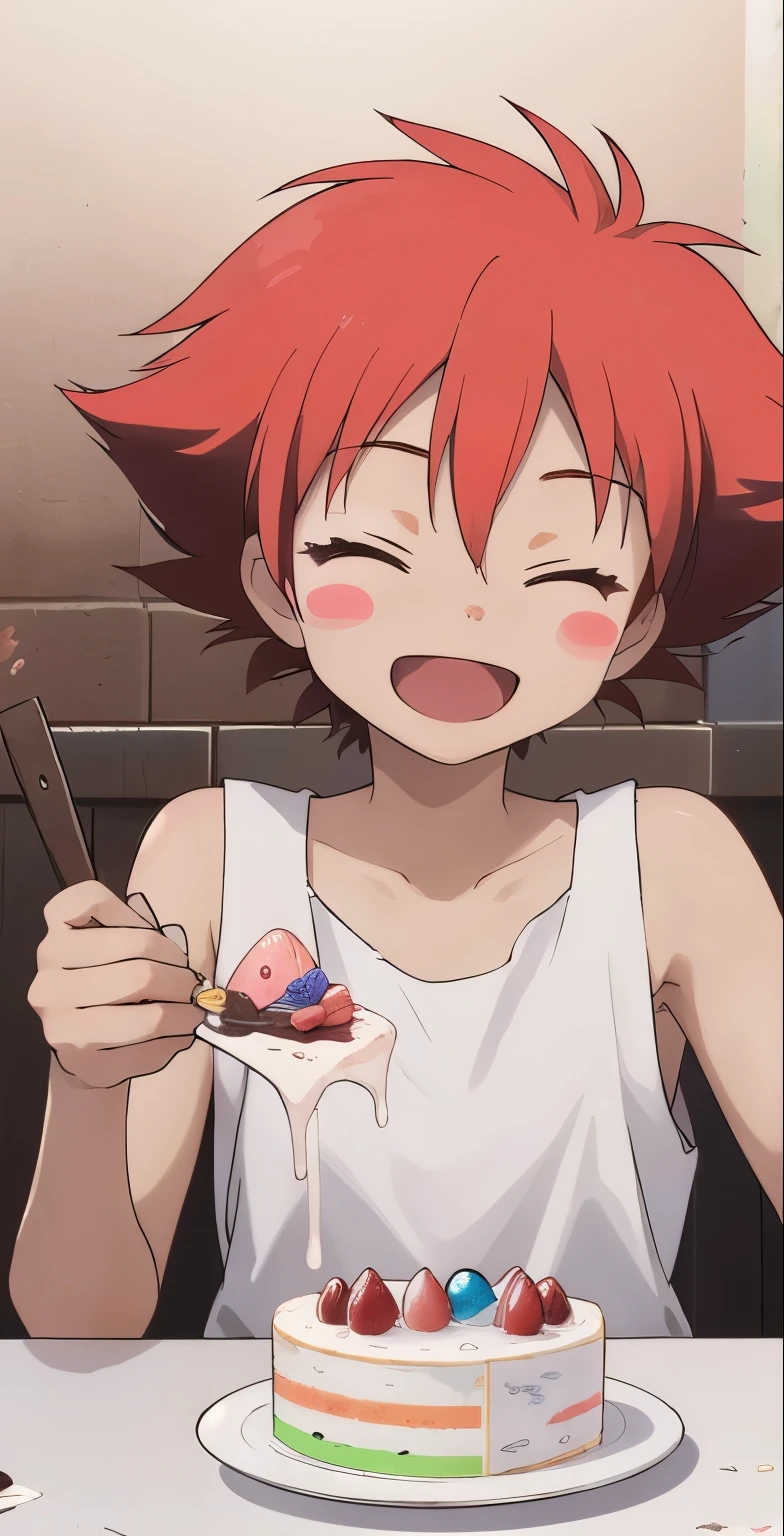 Edward, 1girl, solo, blush stickers, flat chest, happy, eyes closed, messy, cake splattered, eating candy, eating cake, tank top, perfect quality, good quality, masterpiece, HDR, UHD 