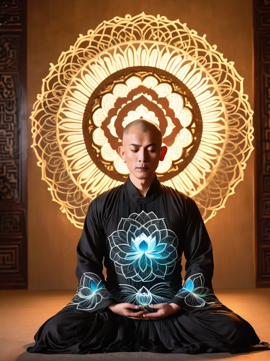 Full body photography of monk in lotus pose,Baldness, Filming, (Sharp focus:1.5), (Reality:1.4), Dusk lighting, Volumetric Lighting, Ultra-high resolution,Dramatic Lighting, White background,(Zentangle,Mandala,dispute,Entanglement), ,short jacket, Buddha Mantra, China's, Transformation, Depth of Field, dreamy atmosphere, The most beautiful chaos, grace, Brutalist Design Dark Theme, Flower of Death, Flowers of ecstasy,Glowing Line,Glow Example,Tracking example,flash, Backlight,translucent,Light Particles