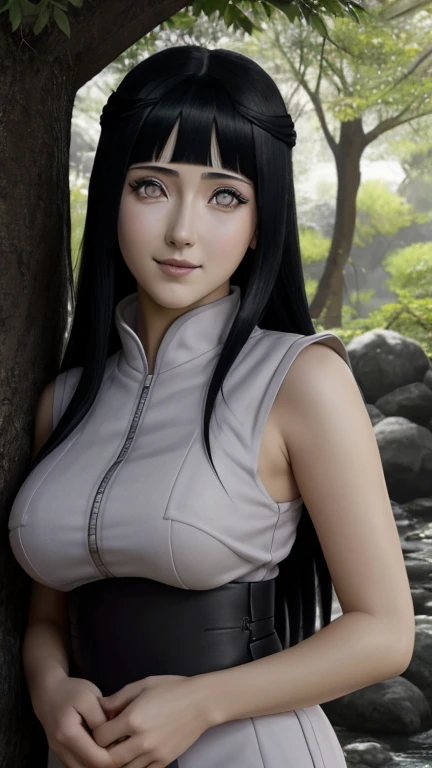 En el cautivador mundo de Naruto Shippuden, existe la encantadora figura de Hinata Hyuga, su cara es bella y realista sus ojos ultra definidos y detallados, su cuerpo es sensual y joven. Su cabello negro obsidiana cae en cascada sobre sus hombros. Sus mejillas con rubor  su inocencia y timidez. In front of a tree, he takes her large naked breasts in his hands with a penetrating look and a shy smile. 