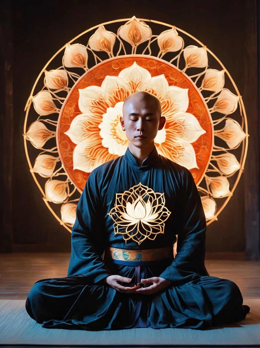 Full body photography of monk in lotus pose，Baldness, Filming, (Sharp focus:1.5), (Reality:1.4), Dusk lighting, Volumetric Lighting, Ultra-high resolution,Dramatic Lighting, White background,（Zentangle，Mandala，dispute，Entanglement), ，short jacket, Buddha Mantra, China&#39;s, Transformation, Depth of Field, dreamy atmosphere, The most beautiful chaos, grace, Brutalist Design Dark Theme, Flower of Death, Flowers of ecstasy，Glowing Line,Glow Example，Tracking example，flash， Backlight，translucent，Light Particles