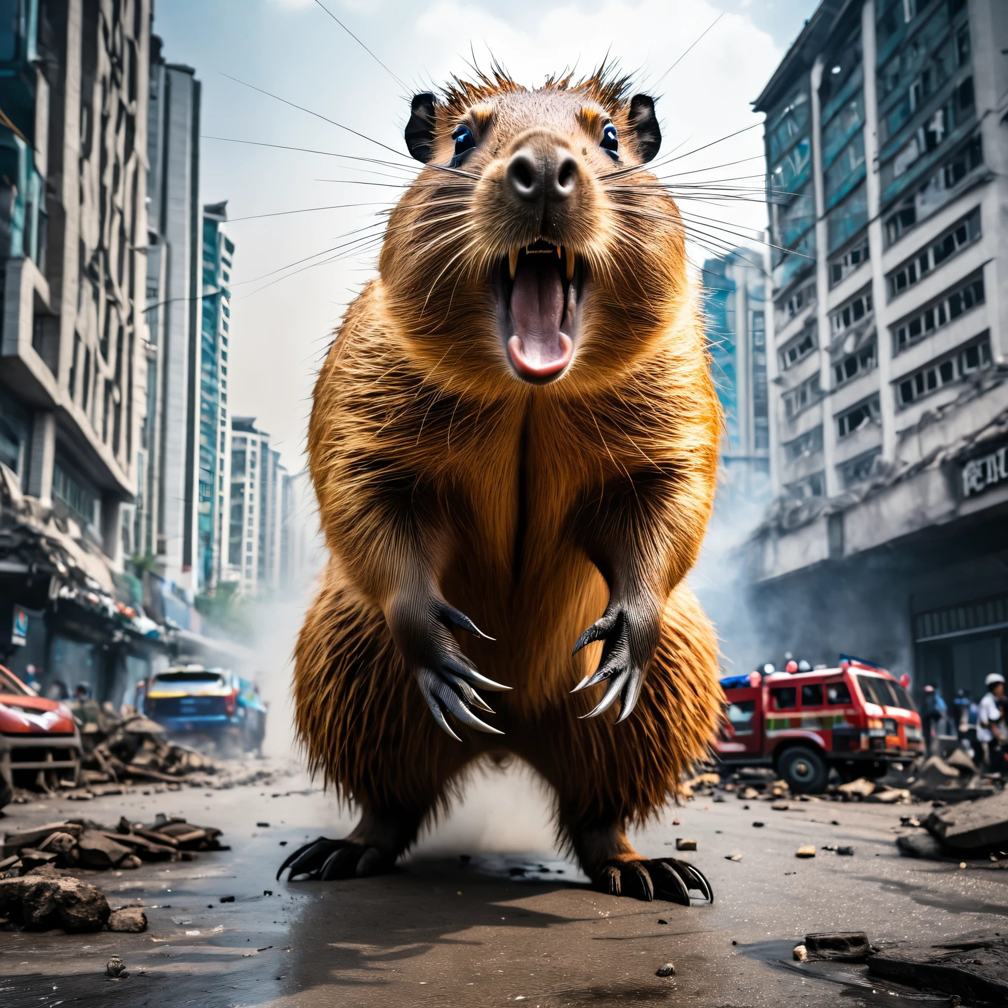 (kaiju Capybara themed:1.1), Beijing, cityscape, skyline, destruction, chaos, scared citizens, fleeing people, tall buildings collapsing, smoke and dust, frightened faces, emergency services, police sirens, chaos in the streets, chaos in the sky, giant creature, massive paws, sharp claws, ferocious teeth, angry eyes, destructive rampage, monstrous size, fast movement, unstoppable force, shocked crowd, panicked screams, damaged cars, broken infrastructure, desperate attempts to stop, small military vehicles, futile resistance, fear and confusion, urban warfare, epic battle, desperate situation, brave heroes, determination, hope for salvation, resilience, destruction and rebirth, rising from the ashes, new beginnings, rebuilding the city, unity and solidarity, overcoming adversity, emerge victoriously, triumphant celebration, the legend of the kaiju Capybara lives on. (best quality,4k,8k,highres,masterpiece:1.2), ultra-detailed, realistic, HDR, vivid colors, bokeh, dynamic lighting.